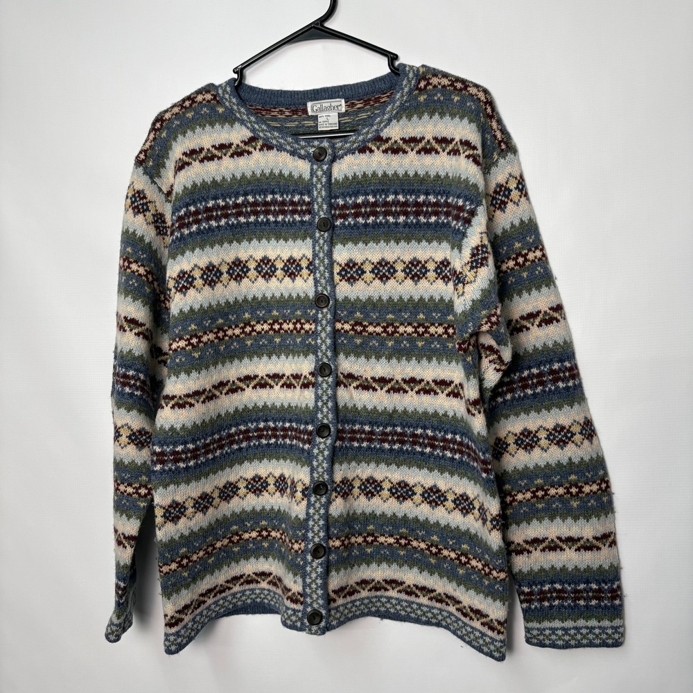 Gallagher Vintage 100% Wool Fair Isle Cardigan Sweater Blue Green Large Whimsy